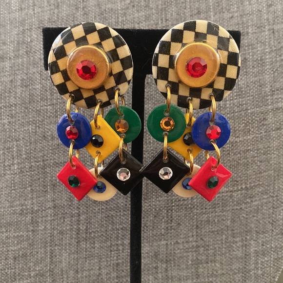 Vintage MAM 1980s checkerboard earrings - Picture 2 of 8